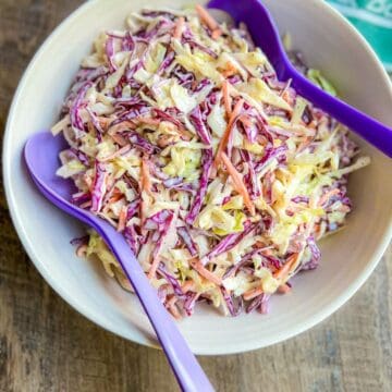 Whole30 Coleslaw in white round bowl