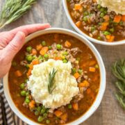 Shepherd's Pie Soup in round white bowl