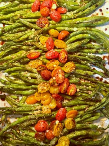 Roasted Green Beans and Tomatoes on baking sheet