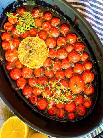 Tomato confit in black oval staub