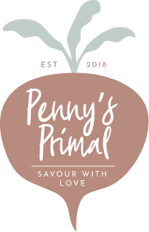 Logo shaped like a beet with leaves, featuring the text Pennys Primal, EST. 2018, and Savour With Love in a handwritten-style font.