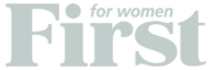 Light gray logo with the words for women in smaller italic letters above the large word First..