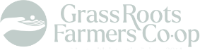 Logo for Grass Roots Farmers Co-op featuring a hand holding a seedling inside a circle to the left of the organizations name.
