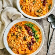 Autumn Minestrone Soup in round white bowl with 2 black spoons