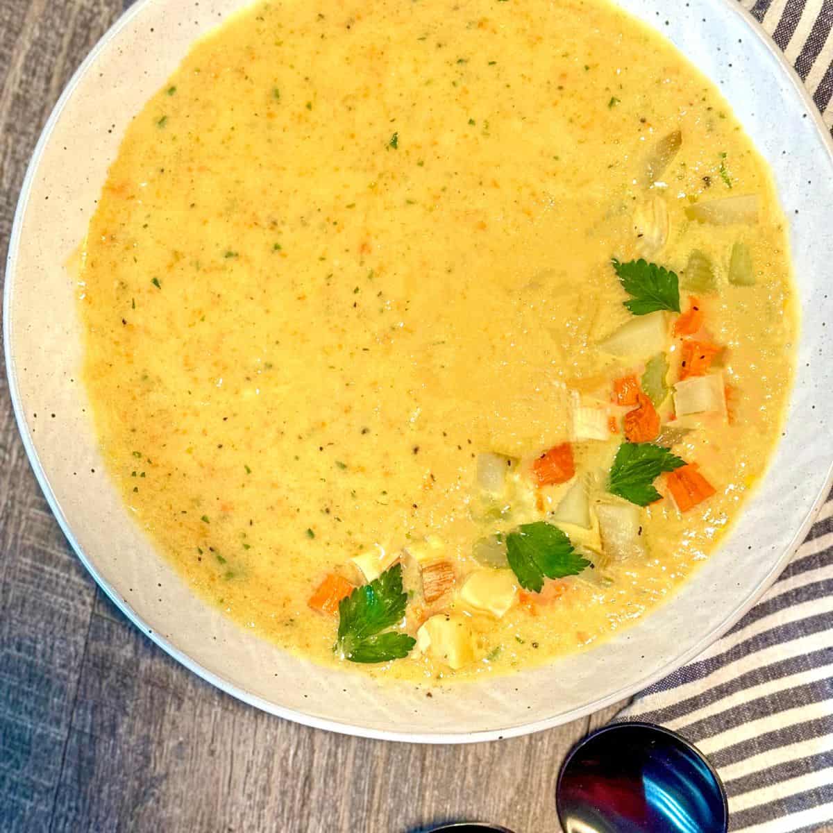 A bowl of creamy soup with visible chunks of vegetables and fresh parsley on top, placed on a wooden table next to a striped cloth and a spoon.