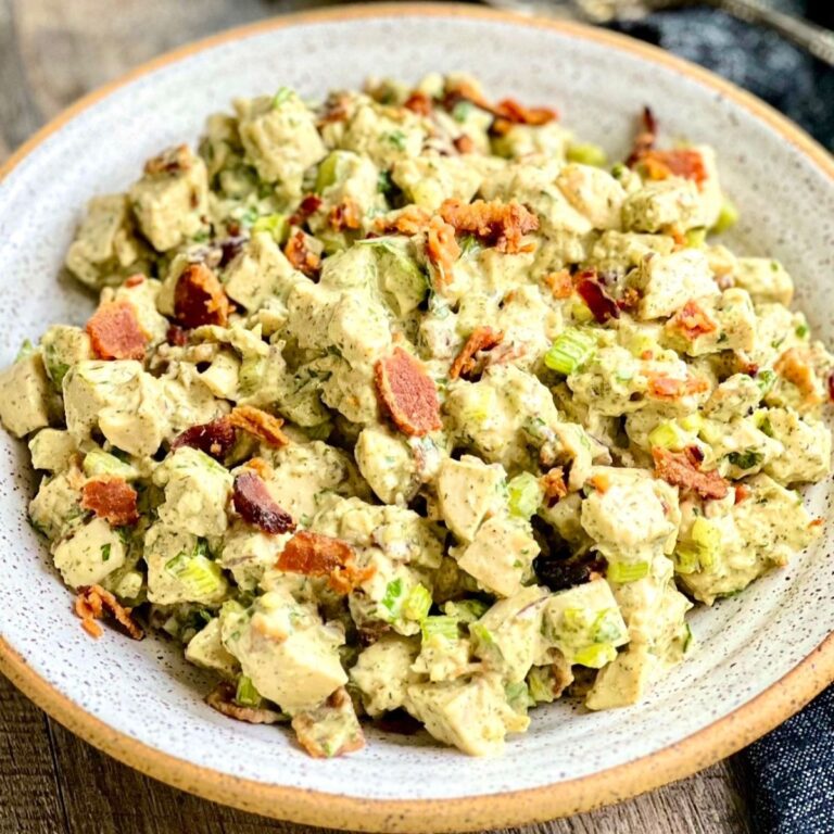 bacon ranch chicken salad in round white bowl