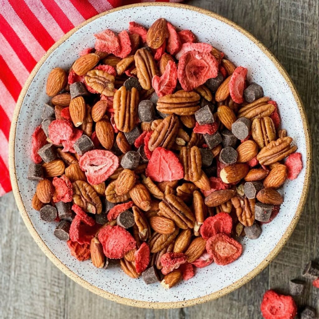 Chocolate strawberry nut mix in round bowl