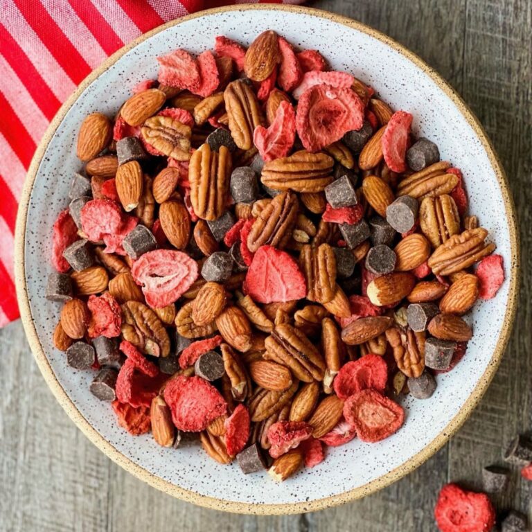 Chocolate strawberry nut mix in round bowl