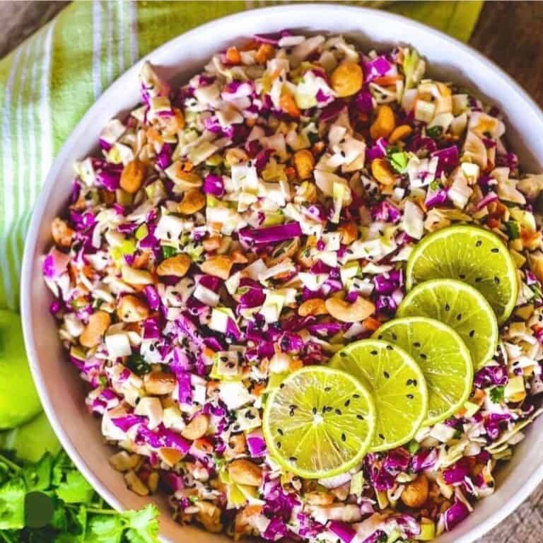 sesame lime chopped salad in white round bowl