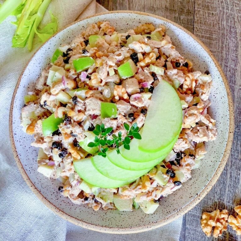 apple walnut chicken salad in oatmeal round bowl