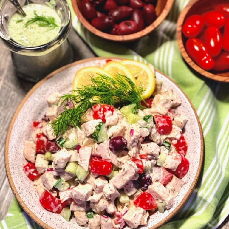 gyro chicken salad in round oatmeal bowl