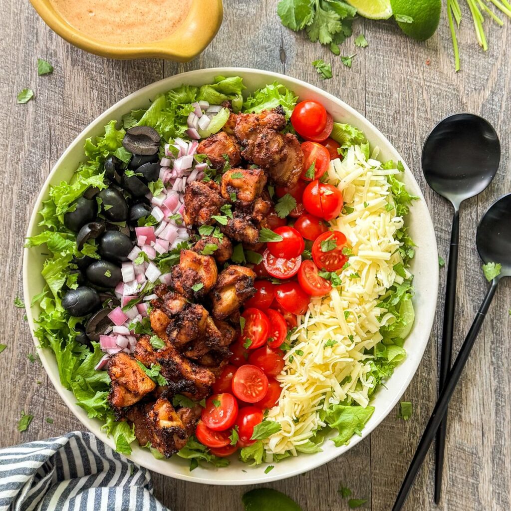 Chicken Taco Salad in large white round bowl