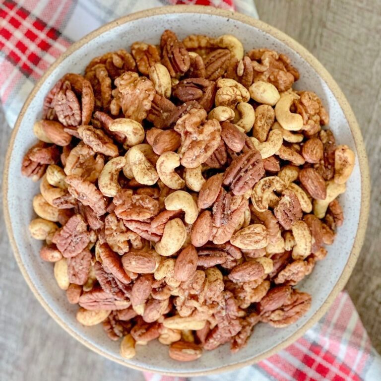 apple cinnamon spiced nuts in round bowl