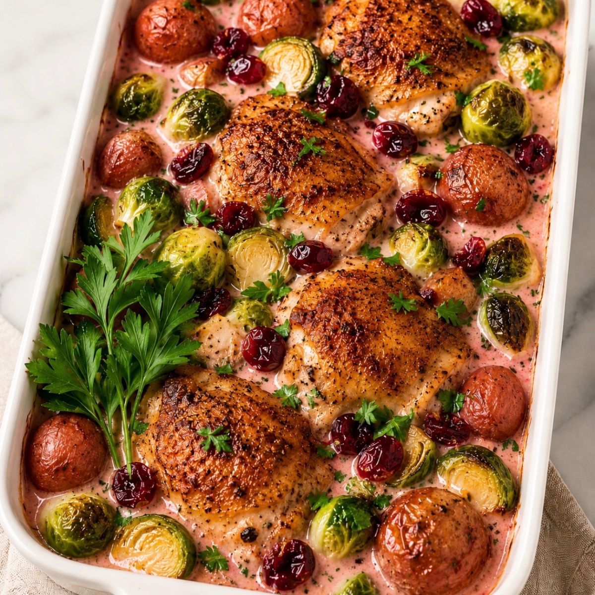 creamy cranberry chicken in casserole dish