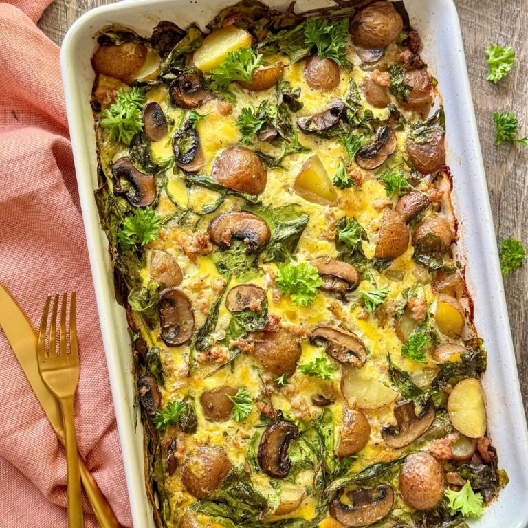 whole30 breakfast casserole in a white rectangle baking dish
