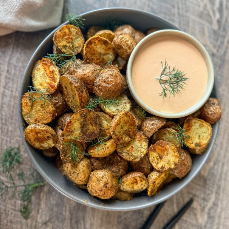 crispy dill pickle roasted potatoes with everything sauce