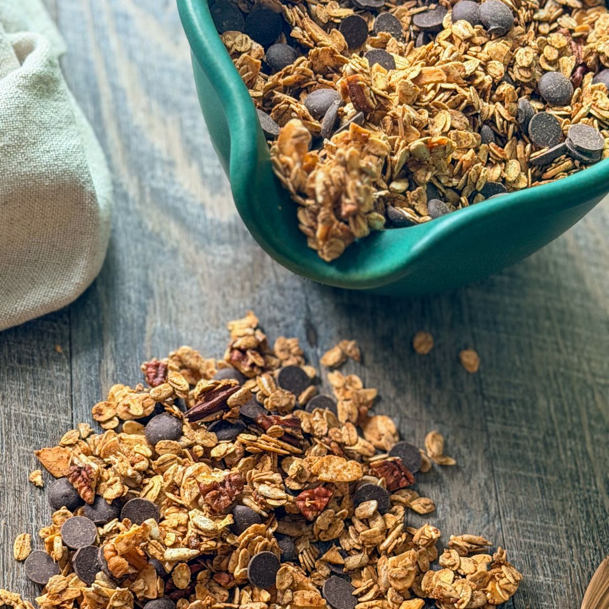 crunchy paleo maple granola with pecans and chocolate chips