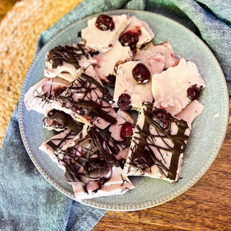 frozen yogurt cherry bark with dark chocolate drizzle