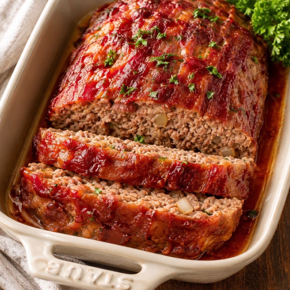 bacon meatloaf sliced in staub baking dish