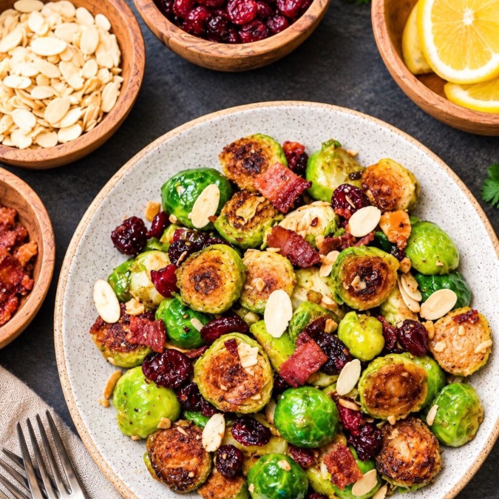 brussels and bacon with cranberries and almonds in a round bowl