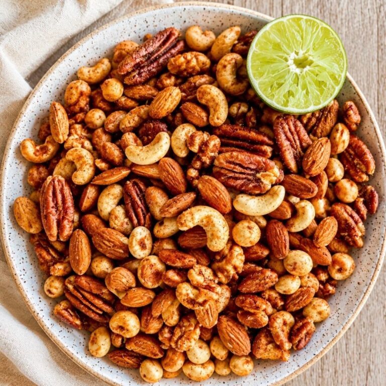chili lime spiced nuts with cashews, pecans, hazelnuts, walnuts in round bowl with lime