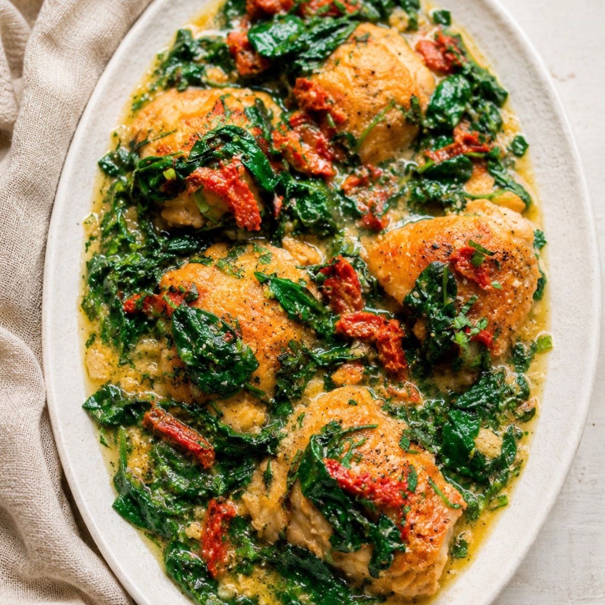 creamy tuscan chicken with spinach and sun-dried tomatoes in a creamy sauce on a large oval platter
