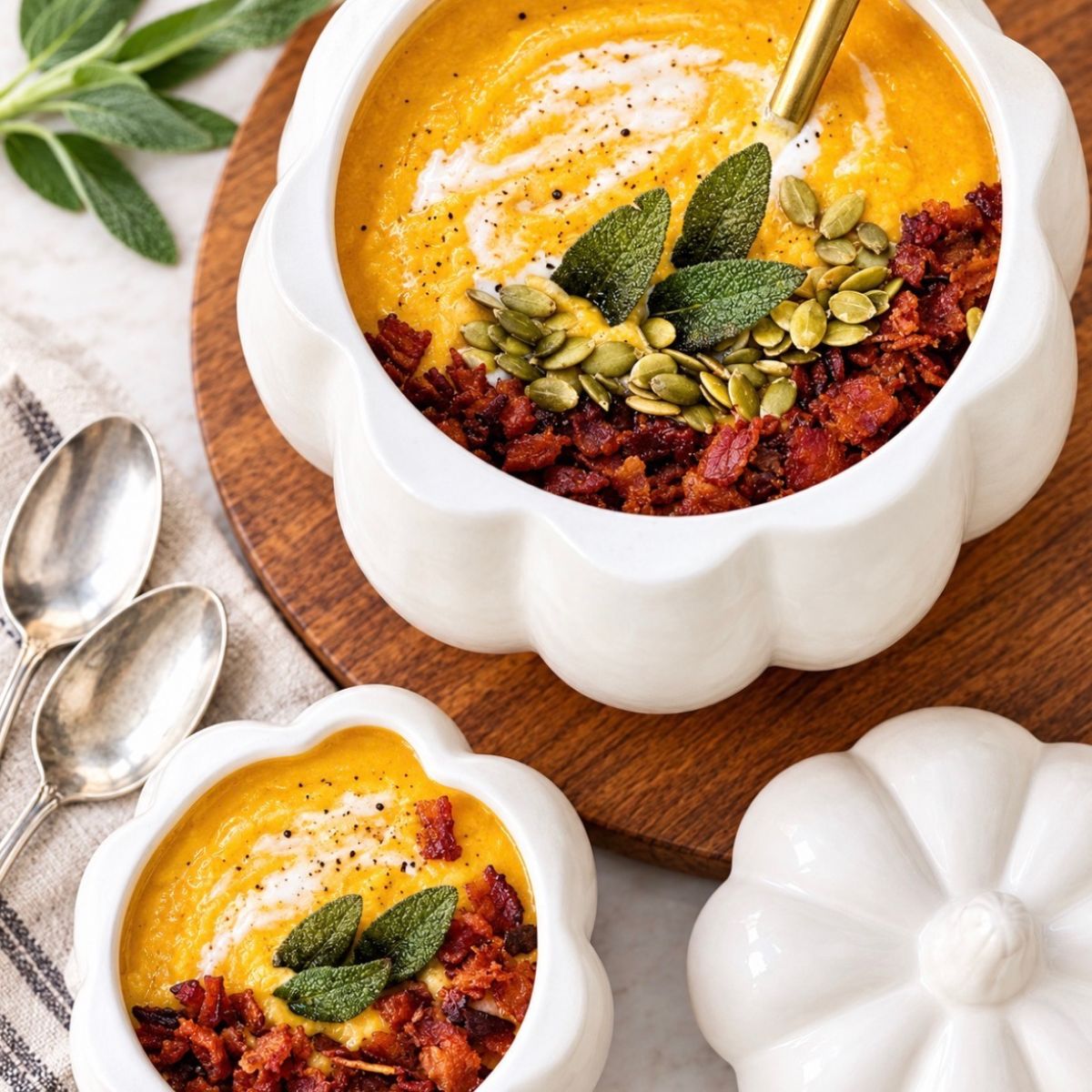 roasted squash soup in pumpkin bowls with crispy bacon, pepitas, and sage garnish