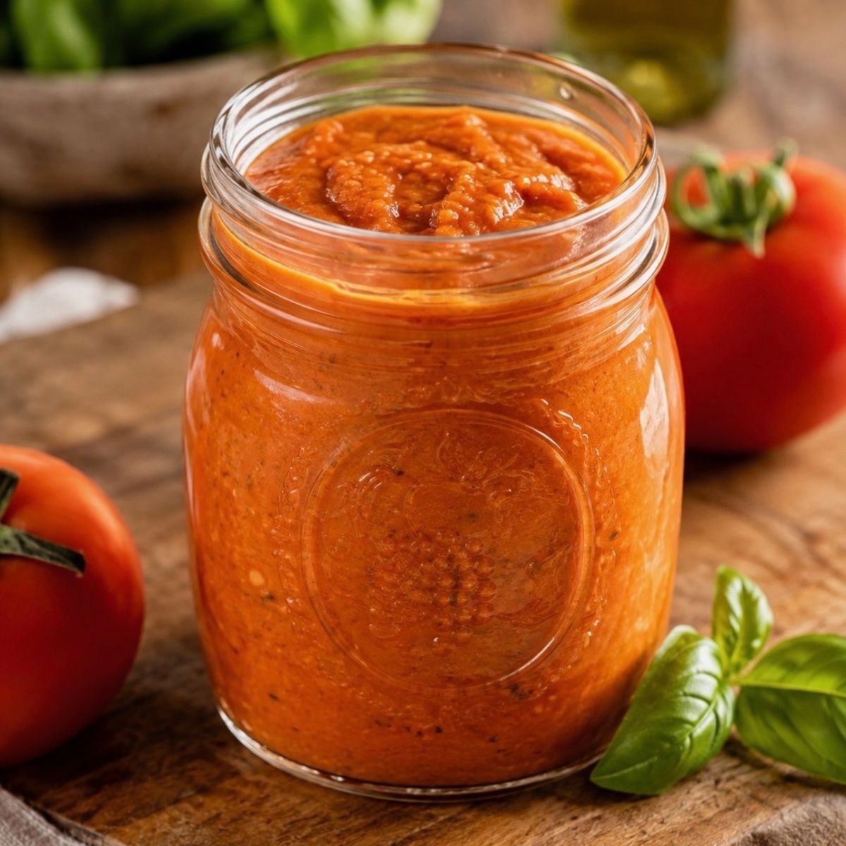 roasted tomato sauce in a ball jar on wood cutting board