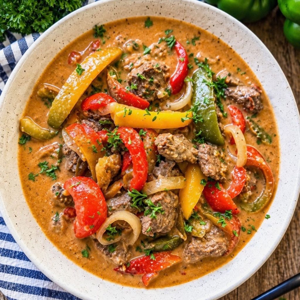 creamy pepper soup with fresh parsley garnish in a white speckled round bowl