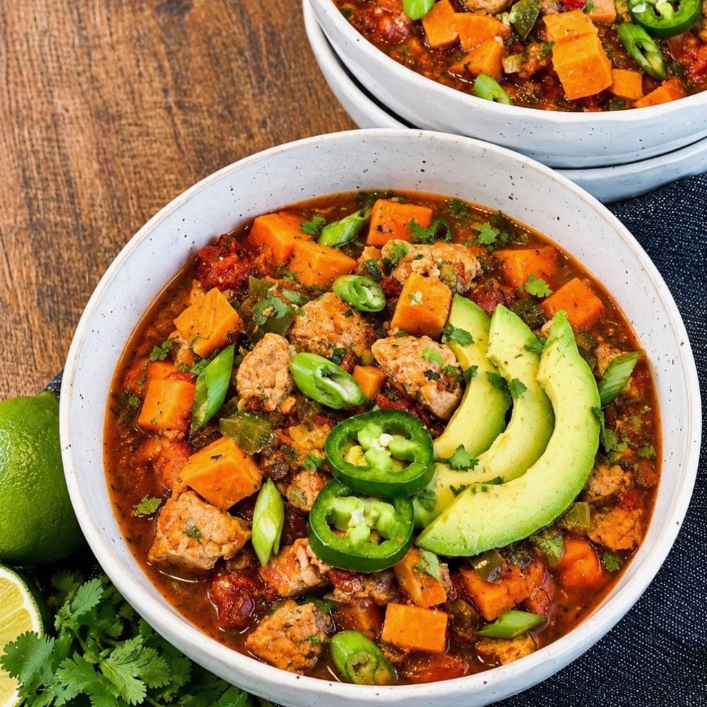 pork and sweet potato chili with avocado wedges and jalapeno slices and garnished with green onion slices in a round bowl