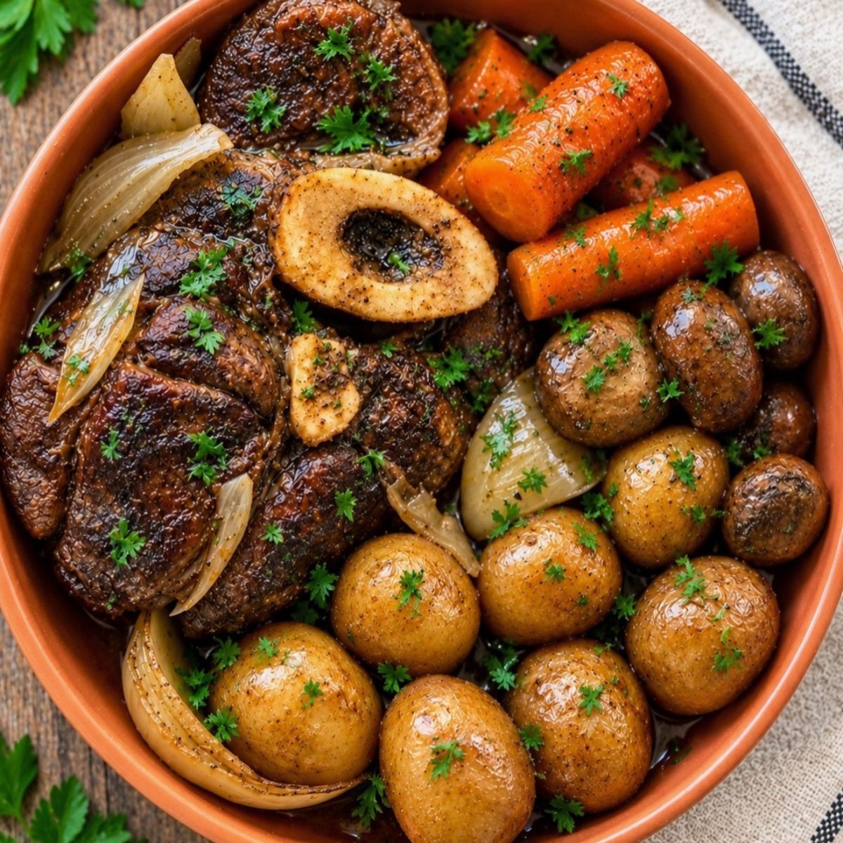 slow cooker beef shank with baby whole potatoes, baby bella mushrooms, carrots, onions in round bowl with parsley garnish